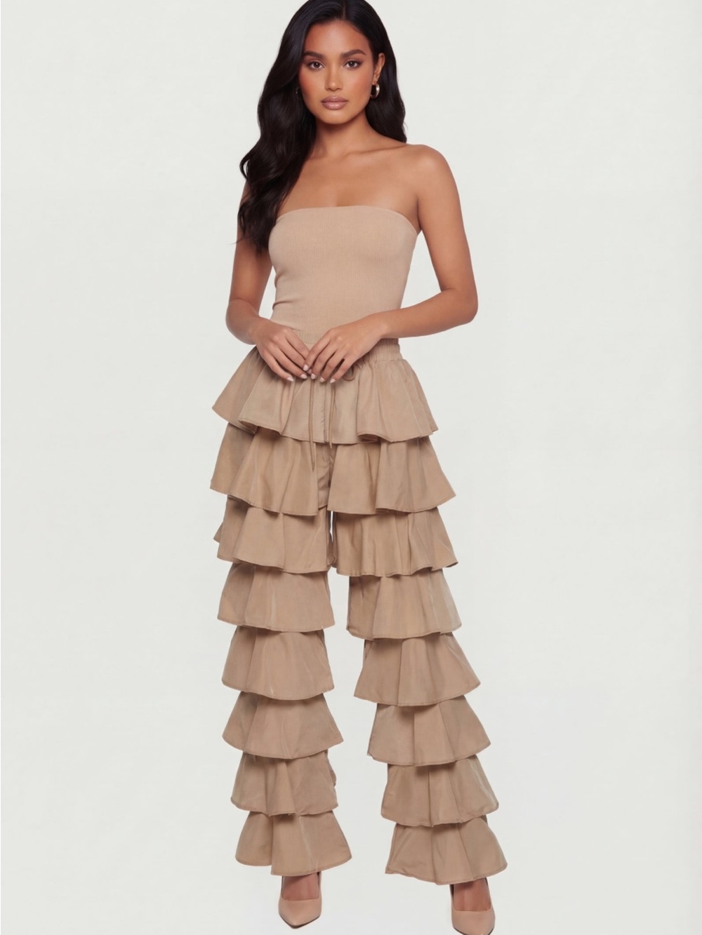 Tan Beige Drawstring Elastic Waist Ruffled Tiered Baggy Pants size M